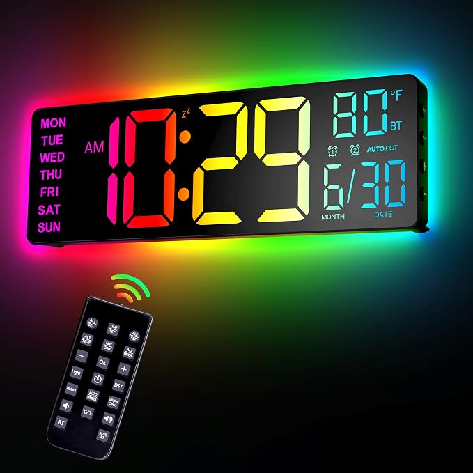 EASYERA 12" Digital Wall Clock for Classroom Livingroom Game Home Decor | LED Display RGB Lights, BIuetooth Sync, Dual Alarms, Auto DST, Countdown, Remote Control, Temperature