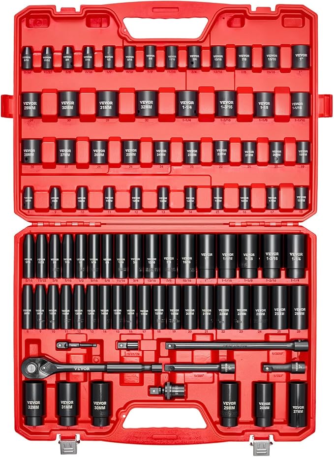 VEVOR 91-Piece 1/2" Drive Impact Socket Set, SAE (5/16" to 1-1/4") & Metric (8 to 32 mm), CR-V, Deep & Shallow, 6 Point, Ratchet Handle, Universal Joint, Adapters, Extension Bars (3, 5, 10 in)