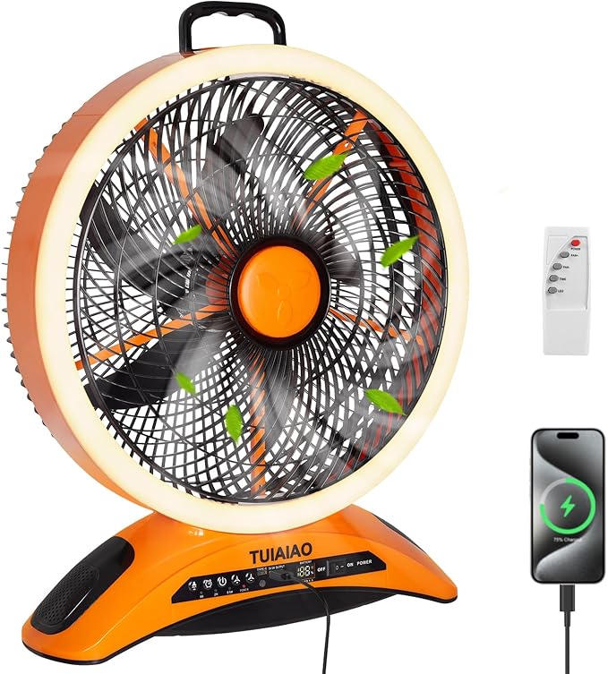 Large 45000mAh Battery Operated Camping Fan, 12-Inch Blades Portable Rechargeable Outdoor Fan with 5 Speed Display, 1040CFM High Airflow, Cordless Floor Fan with Timer for Garage, BBQ