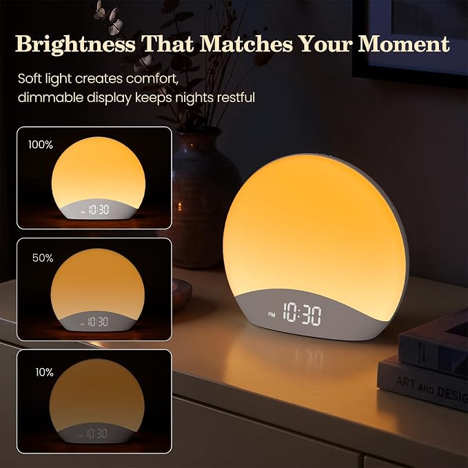 REACHER Sound Machine Sunrise Alarm Clock with Night Light, 26 Nature Inspired Sleep Sounds, 0-100% Dimmable Clock, Sunrise Lamp, Wake Up Light, Brown/Pink/White Noise Machine for Babys, Adults, Kids