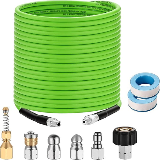 Selkie Pressure Washer Sewer Jetter Kit - 100Ft X1/4" Hydro Drain Jetter Cleaner Hose, Corner, Rotating and Button Nose Sewer Jetting Nozzle Waterproof Tape,Orifice 4.0 4.5,1/4 Inch NPT,5800 PSI