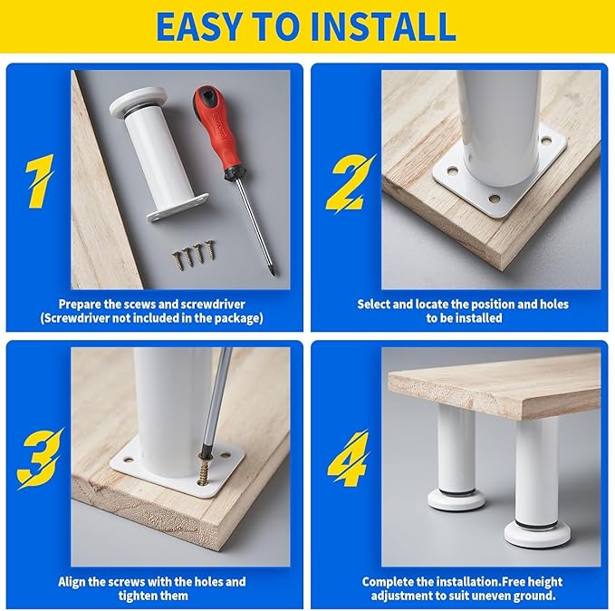 6 PCS Adjustable Furniture Couch Cabinet Legs 4.72-7.48 Inch, Heavy Duty Adjustable Height Replacement Legs for Dresser/Sofa/Bed/Chair, Legs for Furniture Set of 6 (White)