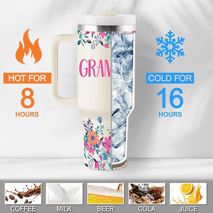 ROSTANTEN Grammy Gifts Mothers Day Gifts for Grammy Grandma Gift Ideas from Grandkids for Christmas Birthday Grammy Tumbler 40oz Travel Cup Insulated Tumbler with Lid & Straw