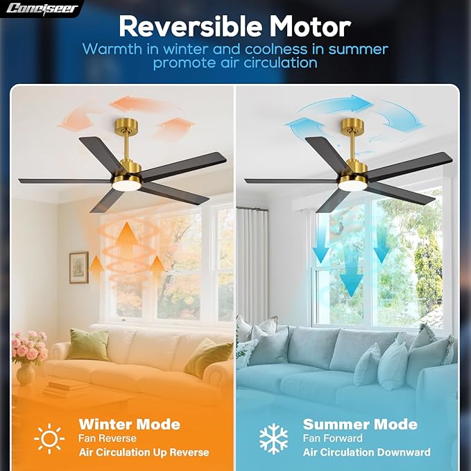 Conciseer 52 Inch Ceiling Fans with Lights and Remote for Bedroom Living Room Kitchen Office, Indoor/Outdoor Use, 6CCT Dimmable, 5 Blades 6 Speed Reversible Quiet DC Motor, Gold/Black