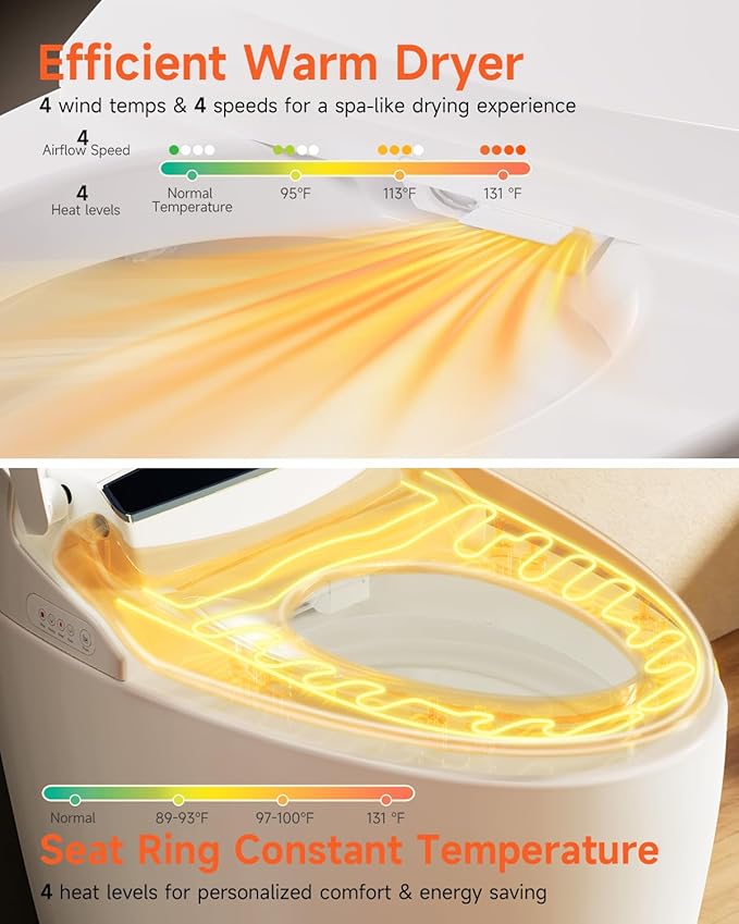 Smart Toilet With Bidet Built In,Bidet Toilet with with 17.3" ADA Comfort Height Seat, Auto Open Close,Warm Water Sprayer & Dryer, Foot Sensor,Tankless Toilet with Heated Seat