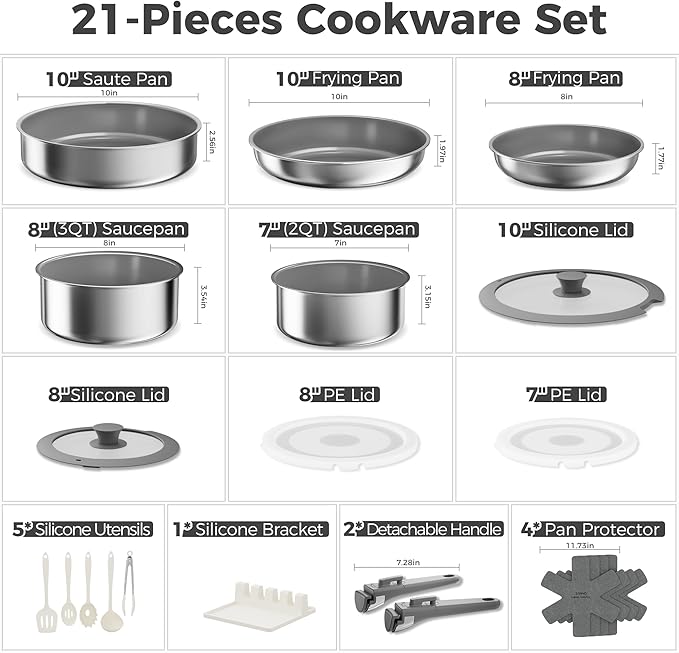 Sanho 21-Piece Pots and Pans Set, Healthy Ceramic Nonstick Cookware with Detachable Handles, Non-Toxic 4-Layer Stainless Steel & Aluminum Core, Induction RV Kitchen Set, Dishwasher & Oven Safe, Gray