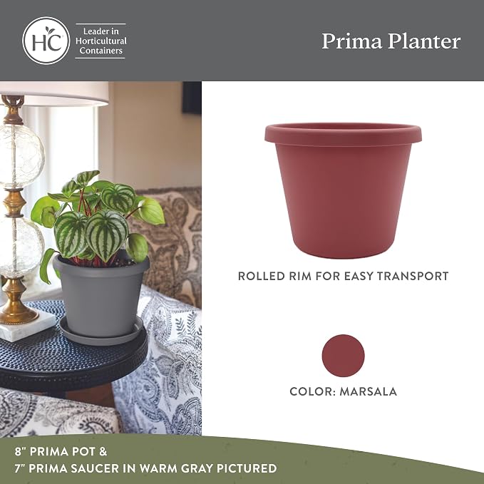 The HC Companies Prima Round Plastic Plant Pot w/Rolled Rim - Lightweight & UV Resistant Flower Pot for Herbs & More - Outdoor & Indoor Plant Pots w/Drainage (8 inch, Marsala, Pack of 1)