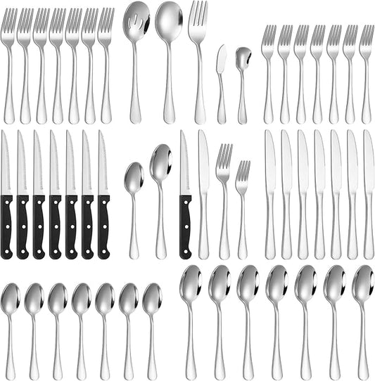 Lazycorner 53 Piece Silverware Set for 8, Flatware Set with Steak Knives for 8 and 5 Public Serving Use Set 18/10 Stainless Steel Serving Utensils Set Cutlery Set For Restaurant Hotel Dishwasher Safe