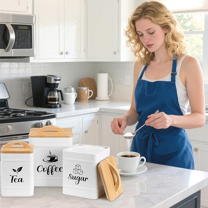 Maxdot 3 Set Coffee Sugar Tea Containers, Square Airtight Kitchen Canisters Storage Ground Organization with Bamboo Lids Rustic Metal Jars for Coffee Bar Beans, Tea Leaves, Food, Countertop(Cream)