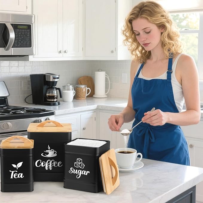 Maxdot 3 Set Coffee Sugar Tea Containers, Square Airtight Kitchen Canisters Storage Ground Organization with Bamboo Lids Rustic Metal Jars for Coffee Bar Beans, Tea Leaves, Food, Countertop(Black)