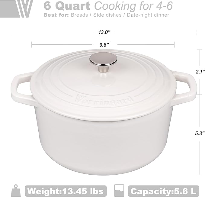 VORRINGARD Enameled Cast Iron Dutch Oven Pot with Lid, for Bread Baking, Round Bread Oven- include Sourdough Bread Baking Supplies Set, 6QT, White
