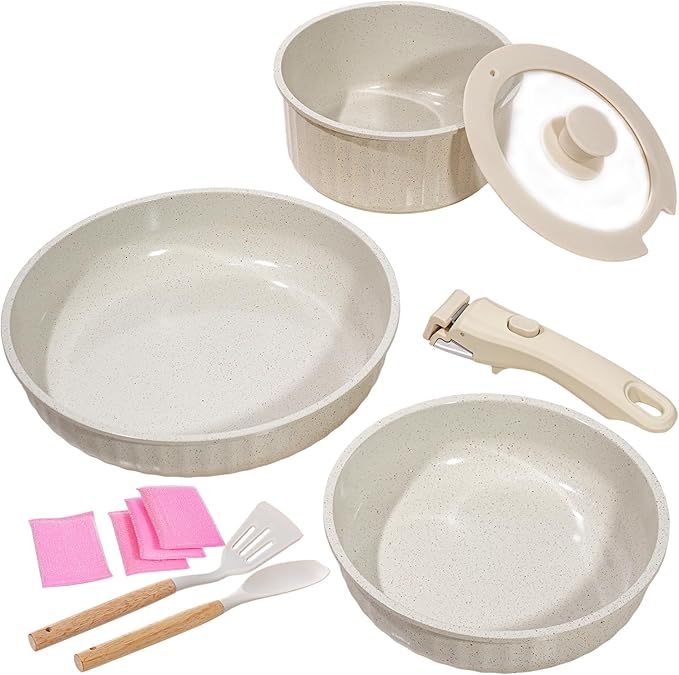 Vivicreate 11 Piece Pots and Pans Set Nonstick with Removable Handle, Induction Cookware, Stackable Kitchen Set for RV Camping Apartment, Frying Pan and Saucepan (White)