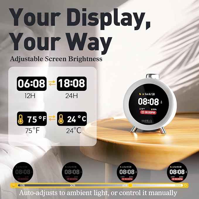 MOMILLA Alarm Clocks for Bedrooms, 2.8" Color Display, 7-Day Programmable 4 Alarms, Loud Alarm Clock for Heavy Sleepers Adults/Kids/Teen, Digital White Noise Sound Machine, Easy to Set, Hourly Chime