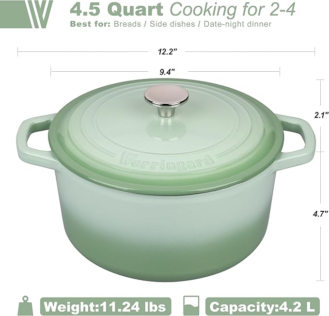 VORRINGARD Enameled Cast Iron Dutch Oven Pot with Lid, for Bread Baking, Round Bread Oven- include Sourdough Bread Baking Supplies Set, 4.5QT, Green