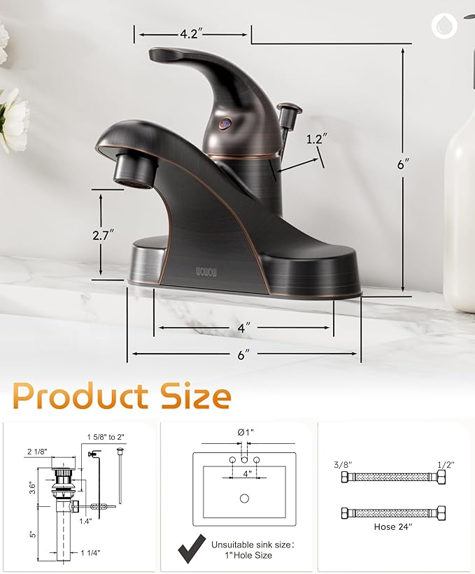 WOWOW Single Handle Commercial Bathroom Faucet Oiled Rubbed Bronze 4 inch Centerset Bathroom Basin Sink Faucets One Handle Vanity Faucets Basin Mixer Tap with Lift Rod Drain Assembly
