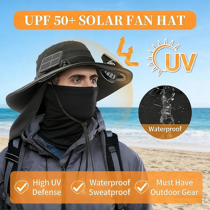 Solar Fan Hat, Hat with Fans Solar Power,Solar Powered Fan Hat for Outdoor Fishing, Hiking Gardening, USB Solar Charging Includes 2 Solar Fans(Black-XL)