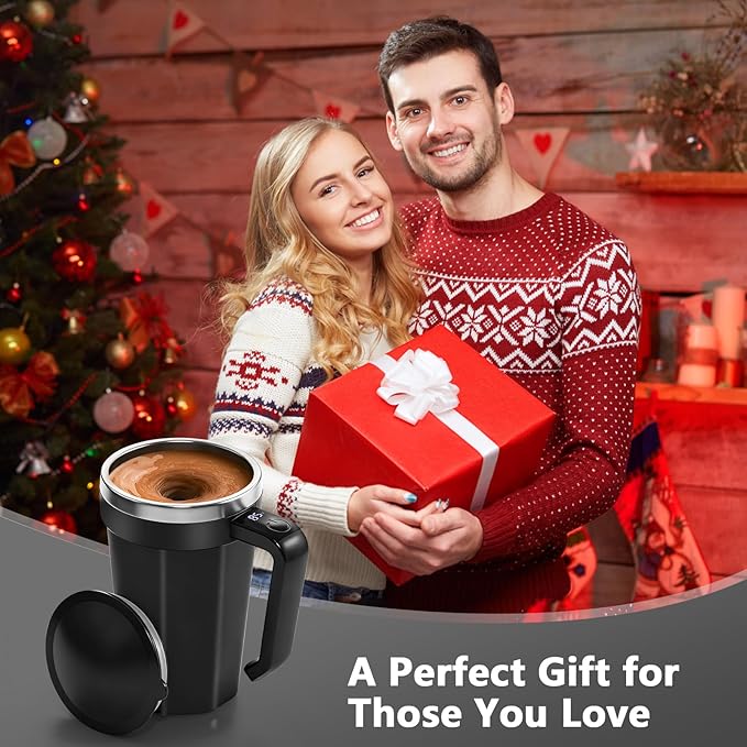 Self Stirring Coffee Mug with Temperature Display, 18 oz Rechargeable Self Stirring Mug with Lid, Automatic Self Stirring Cup, Coffee Mug with Stainless Steel for Coffee, Milk, Beverages, Black