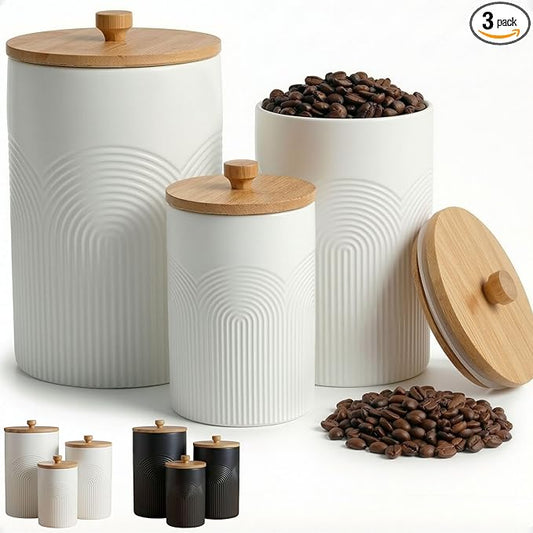 Ceramic Kitchen Canisters for Countertop Set of 3 with Airtight Bamboo Lids - White Kitchen Canisters with Airtight Lids - Flour Sugar Canister Set - Flour and Sugar Containers Farmhouse - Coffee Jar