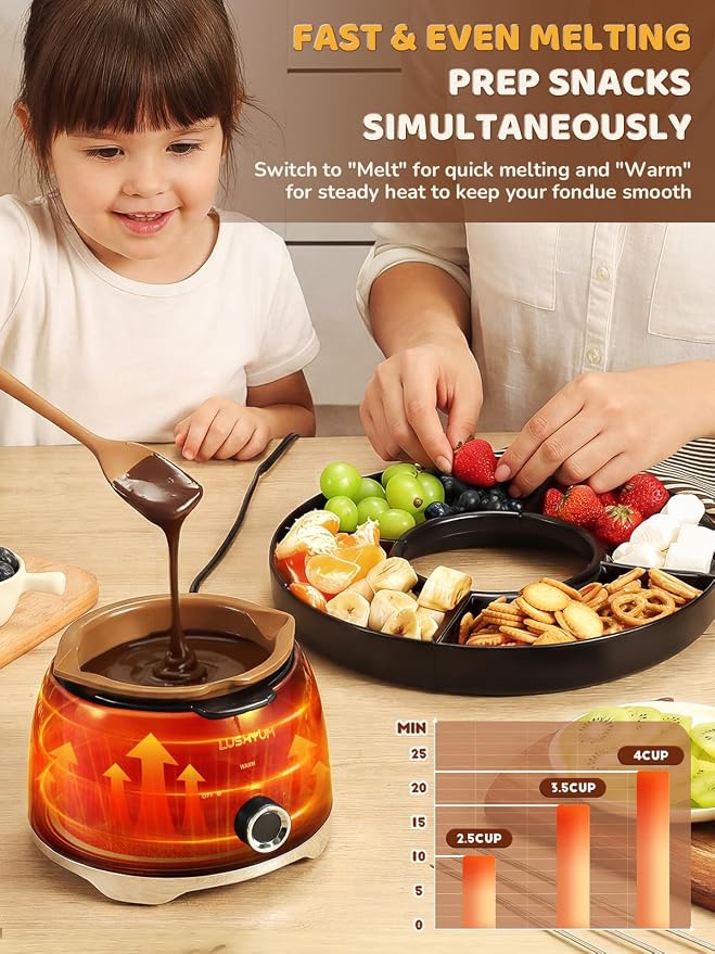 Electric Chocolate Fondue Set, 4-Cup Chocolate, Rotating Tray | Melt & Warm Modes, Dual Silicone Inserts, 6 Color-Coded Forks, Easy-Clean, Ideal for Candy Melts, Movie Night, Game Night
