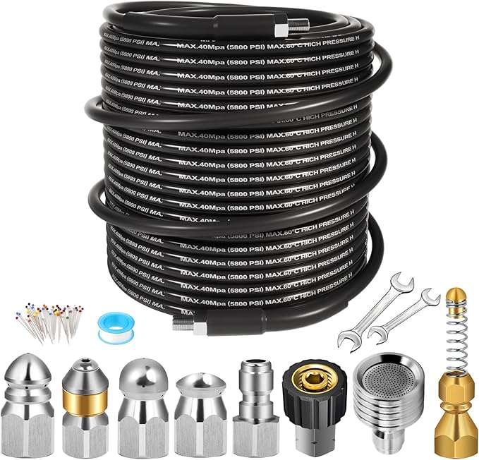 110FT Sewer Jetter Kit for Pressure Washer, 5800PSI Drain Cleaner Hose 1/4 Inch NPT Corner, Rotating Button and Spray Sewer Jetting Nozzle, Water Jet Drain Cleaner Spanner Tape Pearl Corsage Pin