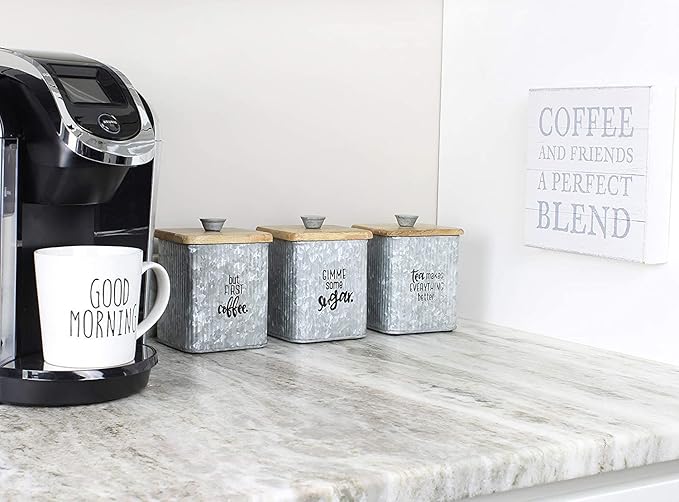 AuldHome Design Farmhouse Galvanized Canisters (Set of 3); Storage Containers for Coffee, Tea and Sugar in Galvanized Iron and Wood Design