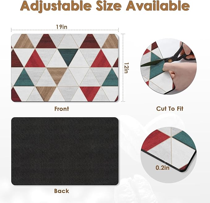Arttown Coffee Mat for Countertops, Minimalist Modern Geometric Patchwork Red Dish Drying Mat 2 Pcs for Kitchen Bar Accessories, Coffee Maker Espresso Machine Dish Rack Hide Stain Rubber 12x19in