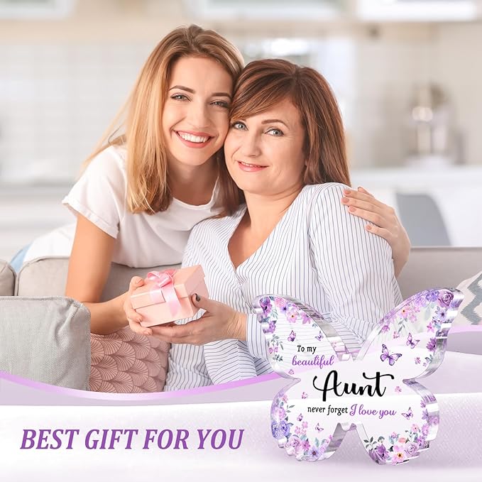 Gifts for Aunt, Aunt Birthday Gifts - Unique Purple Butterfly Acrylic Plaque Desk Decor - Mothers Day Christmas Gift for Aunt from Niece Nephew - 5 x 3.8 x 0.5 inches