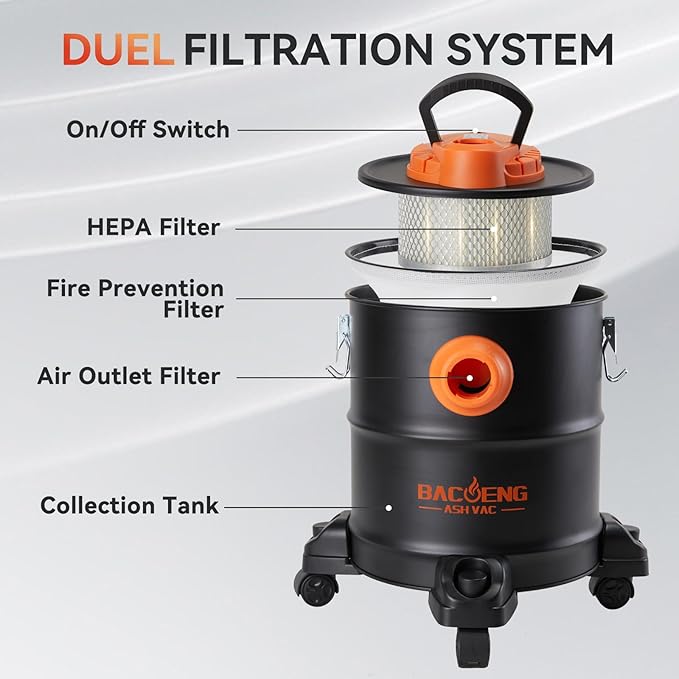 BACOENG Ash Vacuum for Pellet Stoves, Fireplace Ash Vac 5.2 Gallon 1200w with Double Stage Filtration System, Ash Vacuum Cleaner for Fireplaces, Wood Stove, Pellet Grill