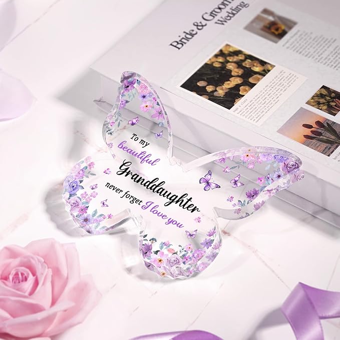 Granddaughter Gifts from Grandma Grandpa - Unique Purple Butterfly Acrylic Plaque Desk Decor - Mothers Day Christmas Valentines Day Graduation Gift for Granddaughter - 5 x 3.8 x 0.5 inches