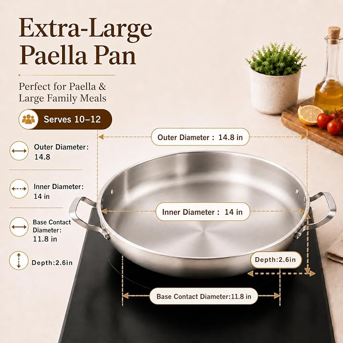 DELARLO Paella Pan 14 Inch Tri-Ply Stainless Steel Paella Pan with Lid, Jumbo Frying Pan, kitchen Induction Large Skillets,Great for Paella Parties Indoors Outdoors,Heavy Duty Style