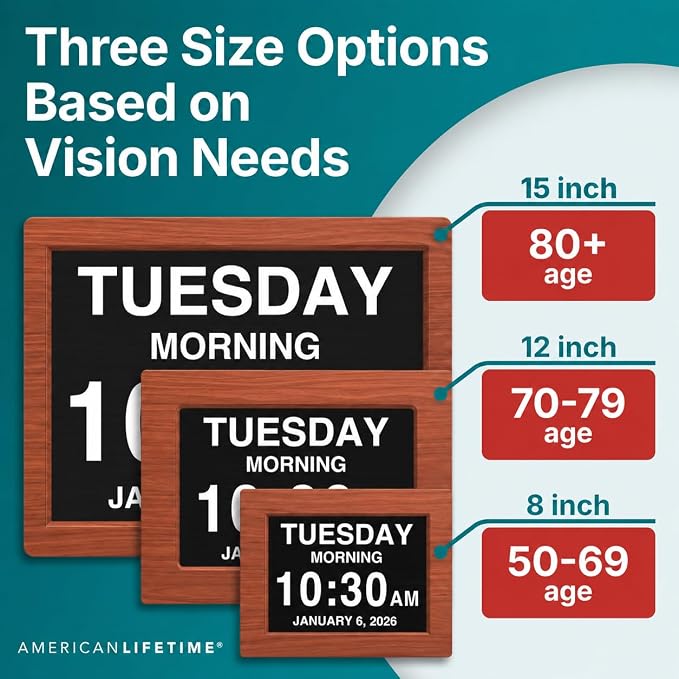 American Lifetime New 2026 Dementia Clock Large Digital Clock for Seniors, Large Display with Custom Alarms, Calendar Clock with Day & Date for Elderly, Clear Numbers Alzheimer Digital Clock Wood