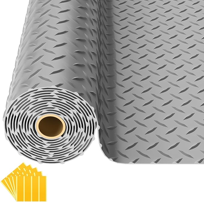 10x20 FT Garage Floor Mat, 2.8mm Thickened PVC Flooring Roll for Under Car, 200 SQFT Diamond Plate Gray Garage Mats for Garage, Warehouse, Basement, Gyms, Trailer（Included Tapes）