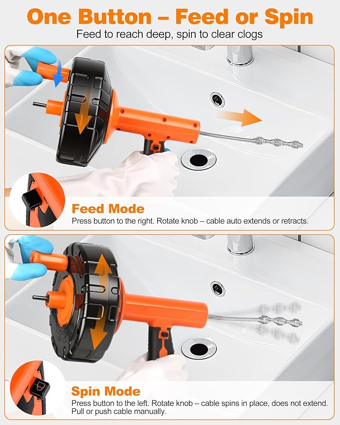 Drain Auger 25 ft, Auto Feed Plumbing Snake Hair Clog Remover with Drill Adapter, Heavy Duty Drain Cleaner Tool Kit with Gloves & Brush for Kitchen Sink Shower Bathtub Bathroom Toilet Clog Removal