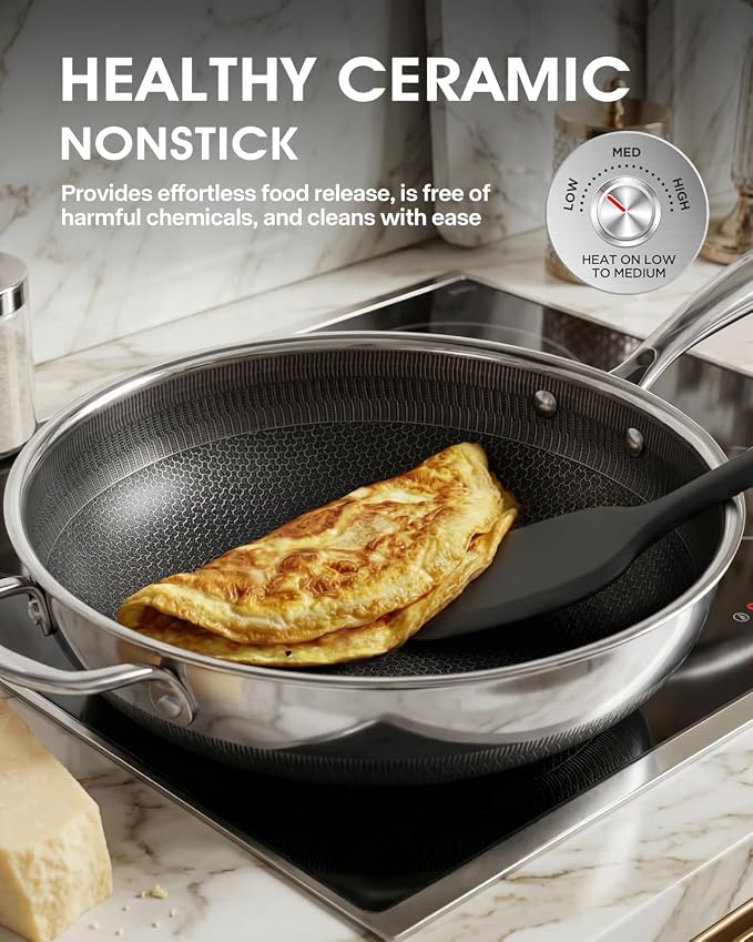 Stainless Steel Non Stick Frying Pan with Lid - PFOA Free | Induction Compatible | Oven & Dishwasher Safe | Stay Cool Handle | Versatile for All Stovetops | Gift
