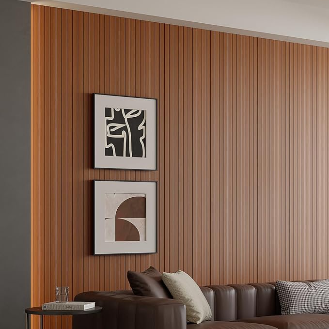 Yutianli PVC Slat Wall Panel Peel and Stick 236"x 15.7" Faux Wood Slat Panel Artificial Walnut Wood Grain Self-Adhesive Soundproof 3D Wall Panel for Walls and Ceilings