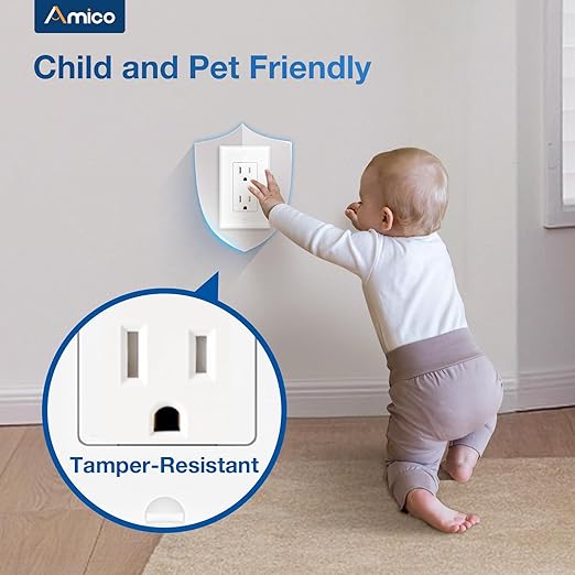 Amico 100 Pack Wall Outlet, 15 Amp Outlets, UL Listed, Tamper Resistant Standard Electrical Outlet, Decorator Receptacle with Wall Plate, Suitable for Home and Business, 125V/1875W, White