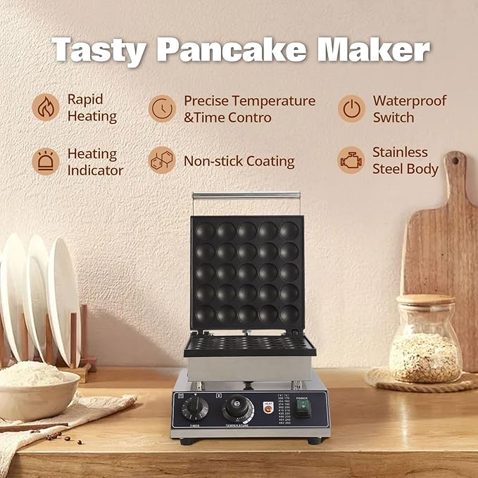 Commercial Round Muffin Maker 25 Hole Flip Top Non-Stick Waffle Maker Stainless Steel 110V Temperature and Time Control Heart Belgian Waffle Maker Ideal for Restaurant, Snack Bar and Home Use