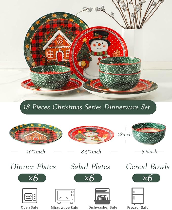HASENSE 18 Pieces Dinnerware Sets for 6, Christmas Plates and Bowls Set for Valentie's Day, Ceramic Chip Resistant Tableware Dishes Set, Scratch Resistant Microwave and Dishwasher Safe, Multicolor