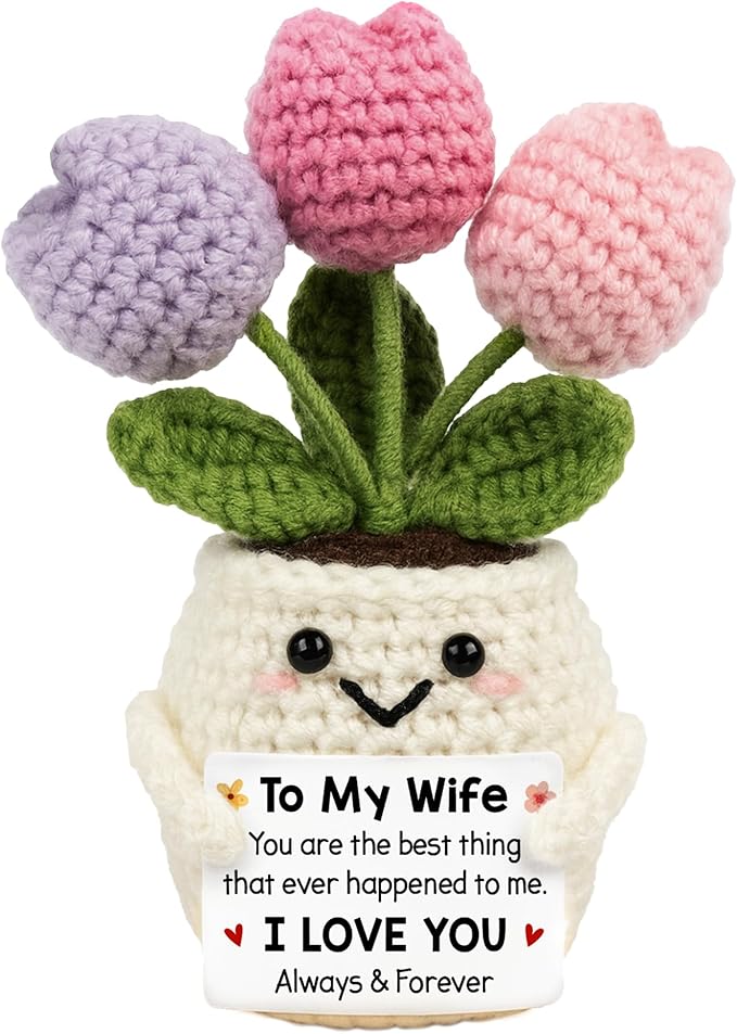 Gifts for Wife from Husband - Wedding Anniversary, Valentines, Birthday, Mothers Day Ideas for Her - Handmade Knitted Positive Tulip Flowers Crochet