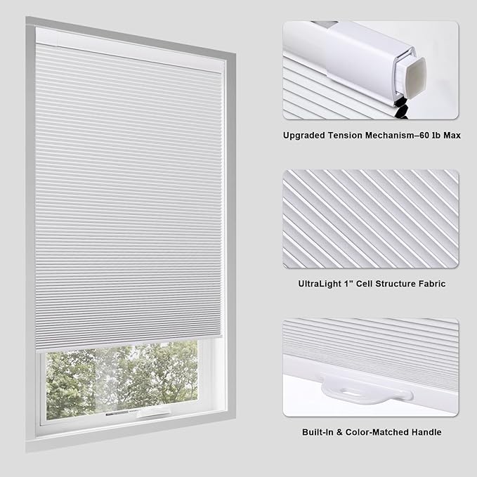 Tonature No Drill Cellular Shades for Indoor Windows, Thermal Insulating & Noise Reducing Honeycomb Blinds, Free Stop Cordless Blackout Shades, White,69" W x 64" H