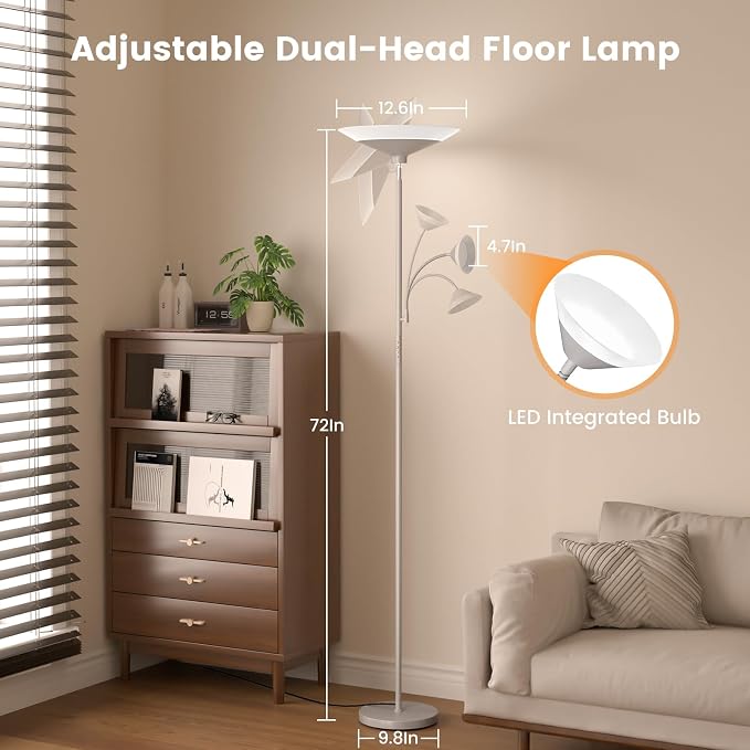 SIBRILLE Sliver Gray Torchiere Floor Lamp with Reading Light, 4 Color Temperatures, Dimmable & Individual Light Control Standing Lamp, 34W Bright Tall Lamp with Remote for Living Room Bedroom Office