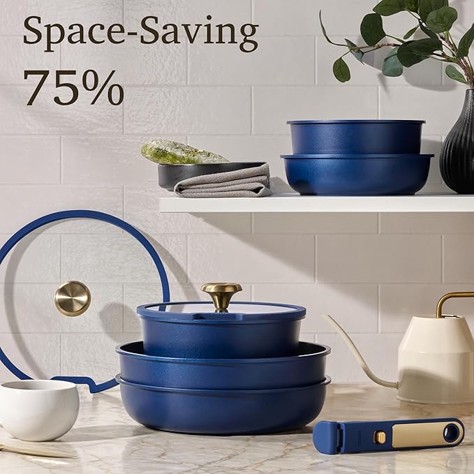 CAROTE Blue&Gold Ceramic Cookware Set Non Toxic, PFAS Free,15Pcs Pots and Pans Set Non Stick Detachable/Removable Handle,Kitchen Cooking Set Dishwasher Safe, Nonstick Pot and Pan, Induction Cookware