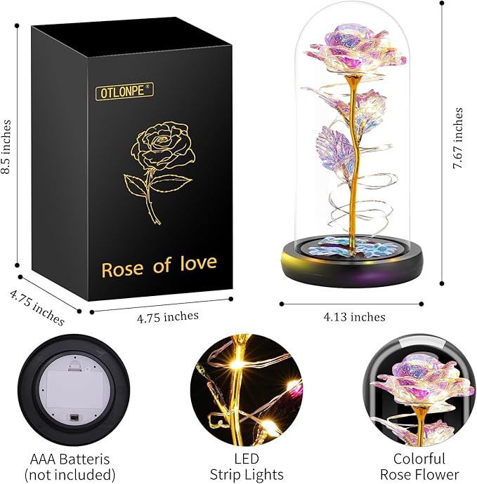 Otlonpe Preserved Forever Mothers Day Flower Gifts for Mom, Glass Light Up Rose Gifts for Women Grandma Girlfriend Wife Sister Her, Valentines Mothers Day Christmas Birthday Womens Gift (Colorful)