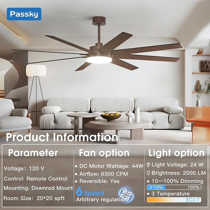 72 Inch Ceiling Fans with Lights, Large Modern Ceiling Fan with Light and Remote Control, Reversible, 3CCT, Dimmable, Quiet, Brown Ceiling Fan for Bedroom Living Room Patio Farmhouse, Indoor/Outdoor
