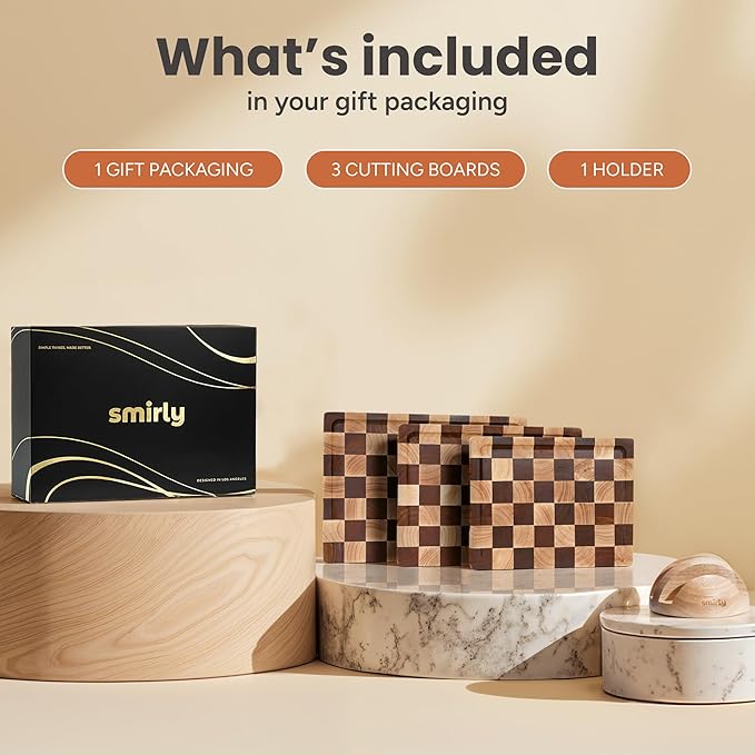 SMIRLY Wood Cutting Boards for Kitchen Wooden Chopping Board Set Reversible with Deep Juice Grooves Grip Handles, Large Charcuterie Tray for Home Kitchen, Rubber Wood, 3Pcs with Holder