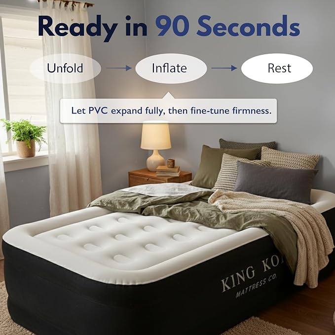 King Koil Plush Pillow Top Twin-Size Inflatable Air Mattress with Built-in High-Speed Pump for Camping, Home & Guests - Luxury Twin Airbed Blow Up Mattress Waterproof, 1-Year Warranty