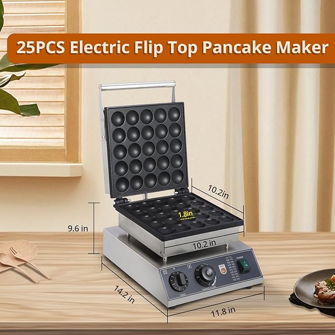 Commercial Round Muffin Maker 25 Hole Flip Top Non-Stick Waffle Maker Stainless Steel 110V Temperature and Time Control Heart Belgian Waffle Maker Ideal for Restaurant, Snack Bar and Home Use
