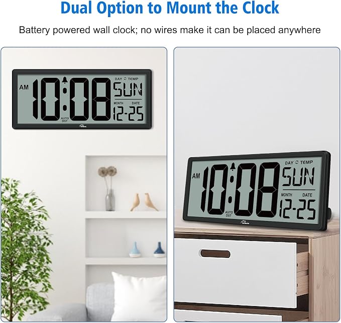 WallarGe Backlight Digital Wall Clock Battery Operated - with Temperature and Date 14.5'' Large Digital Wall Clock, Easy to Read and Set, Auto DST