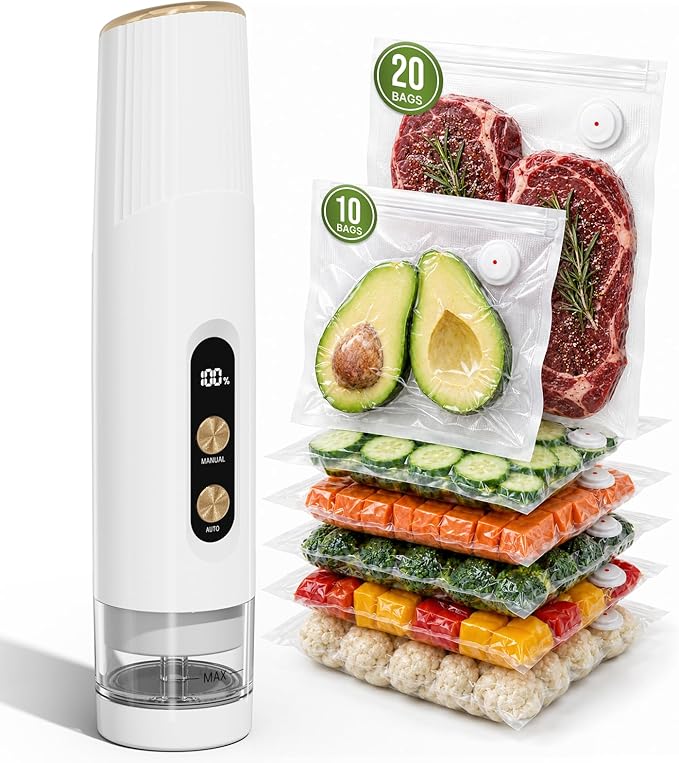 Compact Handheld Vacuum Sealer for Food, Portable Wireless Vacuum Sealer with 60kPa Suction, Dual Modes, Visible Water Reservoir, Includes Complete Set for Food Preservation