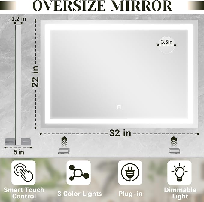 ROLOVE 32x 22 Inch Large Lighted Vanity Mirror with Dimmable 3 Modes, LED Makeup Mirror for Bathroom ＆ Dressing Room, Tabletop or Wall-Mounted, White